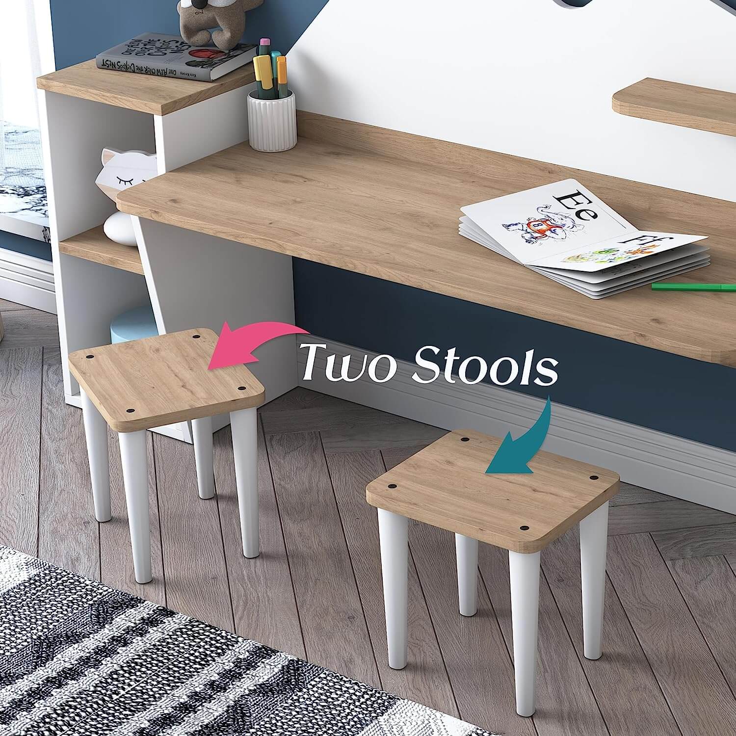 Kid s Study Desk with Bookshelf 2 Stools for Ages 3 8 Lawa Furniture